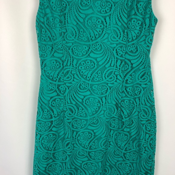 Eliza J High Neck Teal Lace Sleeveless Sheath Dress - Size 2 - Picture 9 of 13